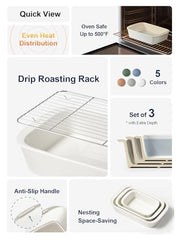 LE TAUCI Ceramic Casserole Dishes for Oven with 304 Racks, Set of 3, White | Rectangular Baking Dishes, 304 Stainless Racks, Oven Safe to 500°F (4.6/3.0/1.6 Qt, 15.7"/13.1"/10.3")