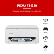 Canon PIXMA TS4320 – Wireless Color Inkjet Printer with Print, Copy, Scan | Cost Efficient Multi-Function Photo Printer, Copier, Scanner for Home Use, Compact Design, Easy Setup