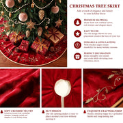 Bunny Chorus Christmas Tree Skirt, 48 inches Red Luxury Velvet Plush Fur Skirts with Gold Embroidered Holly Leaf for Rustic Xmas Tree Holiday Decorations