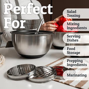 Priority Chef Stainless Steel Mixing Bowls with Lids Set, 3 Grater Attachments, Airtight Lids, Non-Slip Silicone Base Mixing Bowl Set, Large Prep Metal Mixing Bowls for Kitchen, Black
