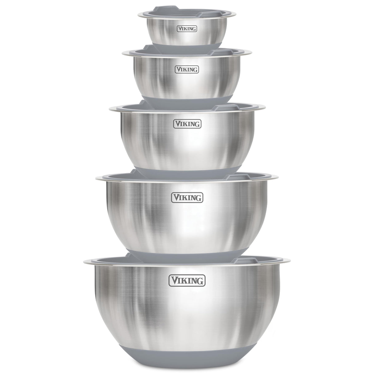 Viking Mixing Bowls Set, 10 Piece Stainless Steel Kitchen Cookware, Non-Slip Silicone Base, Includes Tight Fit Lids, Dishwasher Safe, Grey