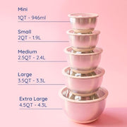 Non-Toxic Stainless Steel Mixing Bowls, Glass Lids, Plastic Free, 5-Pcs | LFGB platinum silicone seal. Keeps food fresh longer. Airtight. Non-slip silicone base. Dishwasher safe. Measurement marks.