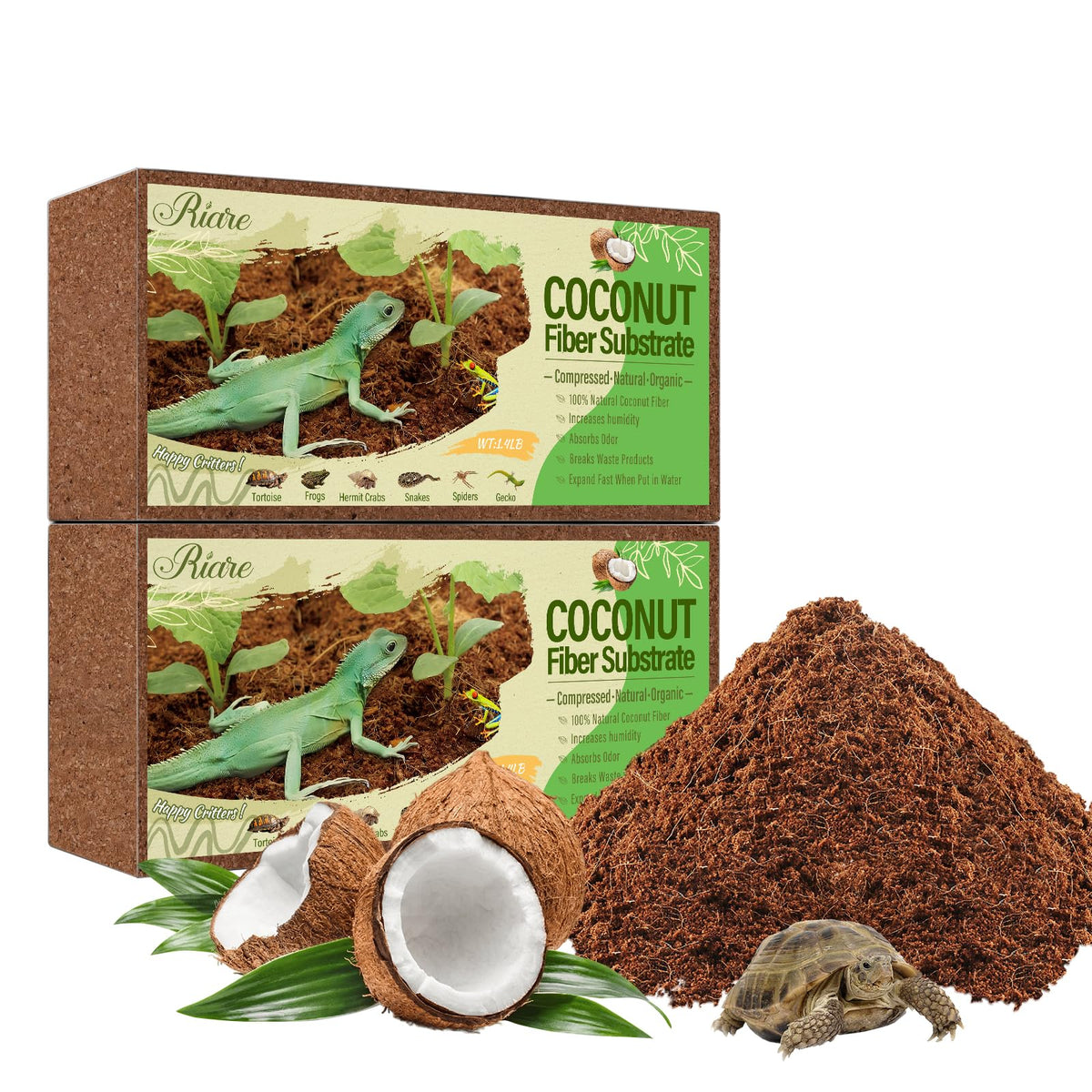 Riare 2 Pack Natural Coconut Fiber Substrate, Coco Coir Reptile Bedding | Coconut Husk Reptile Substrate for Tortoises, Hermit Crabs, Snakes, Bearded Dragon, Geckos, Reptile Enclosure/Terrarium Setup