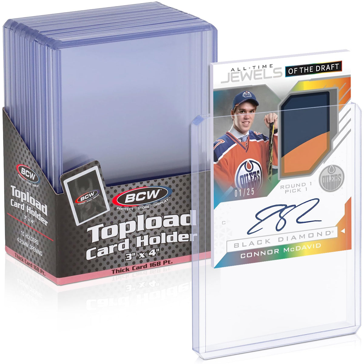 BCW 168 Pt Thick Card Topload Holders for Relic and Patch Cards, 10 Count | Rigid clear PVC holders fit relic, patch, jersey, and memorabilia cards up to 168 pt for storage, display, and transport.