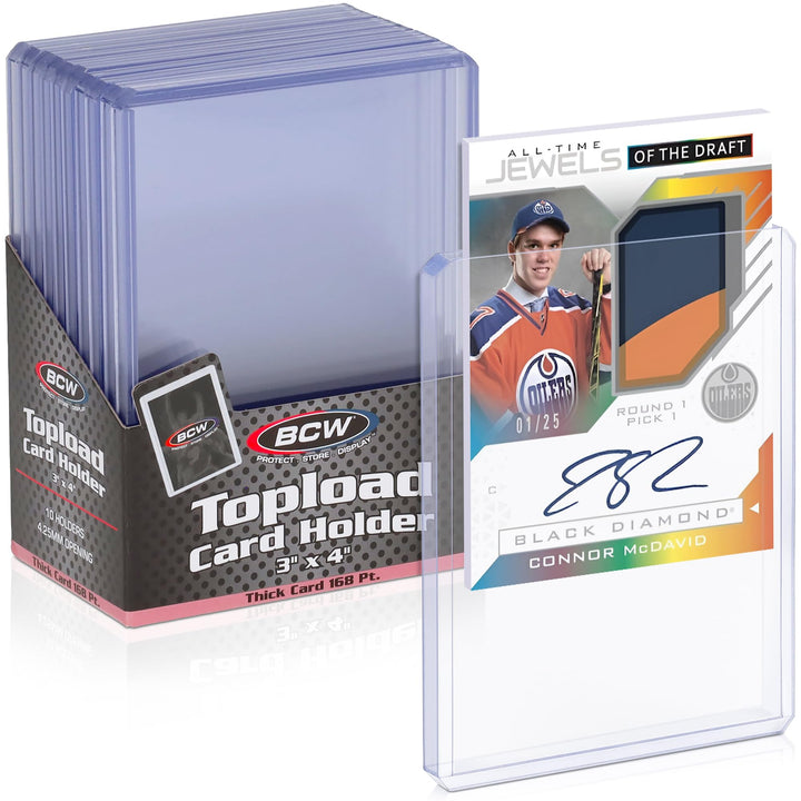 BCW 168 Pt Thick Card Topload Holders for Relic and Patch Cards, 10 Count | Rigid clear PVC holders fit relic, patch, jersey, and memorabilia cards up to 168 pt for storage, display, and transport.