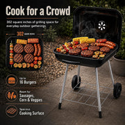 17.5-Inch Charcoal Kettle Grill with Wheels, 302 Sq In Grate | Porcelain-coated steel bowl, lid and grid with adjustable air dampers, rear wheels and bottom shelf for patio or tailgating.