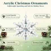 Crystal Christmas Tree Ornaments, Clear Acrylic Snowflake & Icicle, 18pcs | Faceted acrylic catches and reflects tree lights with icy sparkle, creating a crystal-like glow on snowflake & icicle shapes
