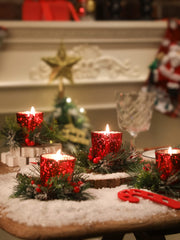Christmas Candle Ring, 4 Pcs Votive Candle with Red Berry Pinecone | Xmas Ring Candle for Table Centerpiece Decoration Wedding Holiday,Red