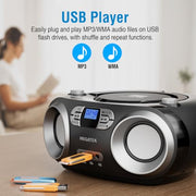 MEGATEK Portable CD Player Boombox with Bluetooth & FM Radio – Black | USB Playback, Clear Stereo Sound, AUX Input, Headphone Jack, CD-R/RW & MP3-CD Support, LCD Display, AC/Battery Powered