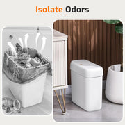 Small Bathroom Trash Can with Lid 2.6 Gallon Garbage Can with 20 Trash Bags | Press Top Lid, Dog Proof, Slim for Small Space, Premium Plastic, Easy to Use Waste Basket for Room, Office, Toilet, Rv, White