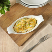 Gibson Home Gracious Dining Oval Au Gratin Baking Dishes, 4-Piece Set – 9 oz Oven Safe Banana Split Bowls, Ceramic Small Casserole Dishes with Handles, Microwave & Dishwasher Safe Mini Bakeware, White