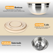 Mixing Bowls with Airtight Lids Set, Non-Slip Silicone Bottoms, Khaki | Stainless Steel 6 Bowls(4.5QT,4QT,3.5QT,2.1QT,1.5QT,1.1QT), 3 Grater Attachments for Baking Serving