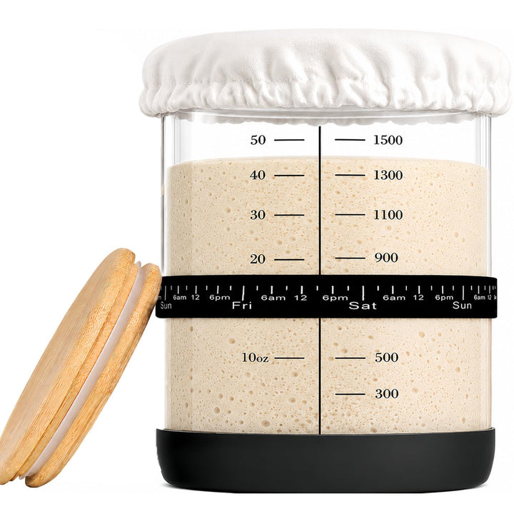 50oz Sourdough Starter Kit, Large Capacity Wide Mouth Sourdough Starter Jar | Sourdough Bread Starter Jar with Feeding Band, Sourdough bread baking supplies Measurement Marks, Bamboo Lid & Cotton Covers