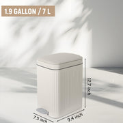 Small Bathroom Trash Can with Lid, 1.9 Gallon Slim Soft Close Step, Cream | Garbage Can with Pedal for Office, Bedroom, Kitchen & Living Room, Narrow Plastic Wastebasket Container for Small Spaces