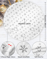 COOLWUFAN 48 Inches Faux Fur Christmas Tree Skirt, Silver Sequin Snowflake | White Christmas Tree Skirt Decor for Holiday Parties and Seasonal Home Decorating