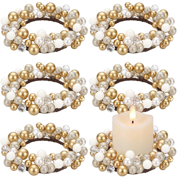 Luinabio 6 Pcs Christmas Ball Candle Rings Mini Wreath Ornament,Gold,White | 3.5 Inch Fits Pillar Taper Candles, Winter Table Centerpiece, Holiday Dining Fireplace Decor, Xmas Holder Ornament