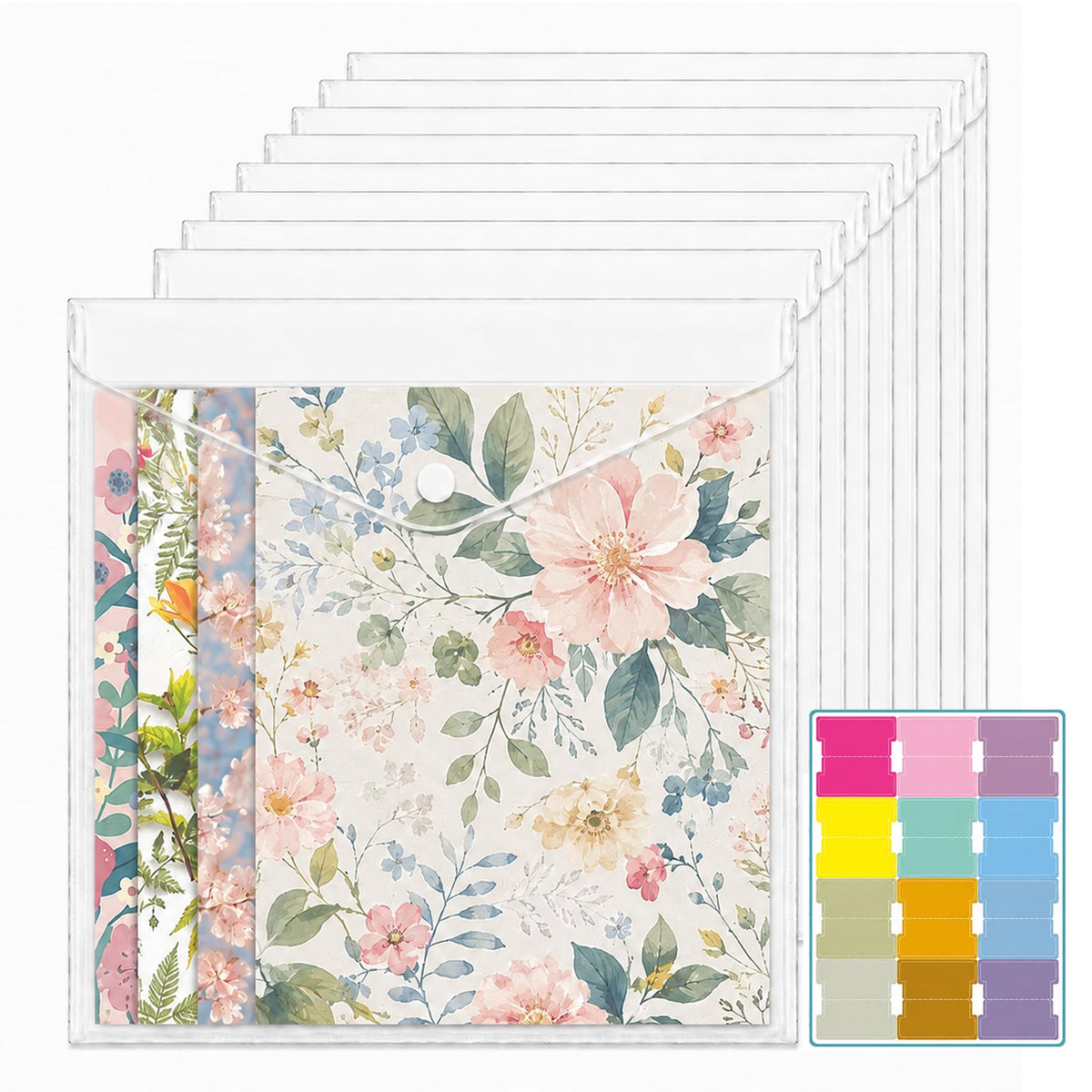 RUICHUAN 12 x 12 Scrapbook Paper Storage, 20 Pack Clear Snap Envelopes | Scrapbook Organizer with 24 Labels, Holds Cardstock, Vinyl Sheets and Photos in Craft Rooms, Offices and Schools