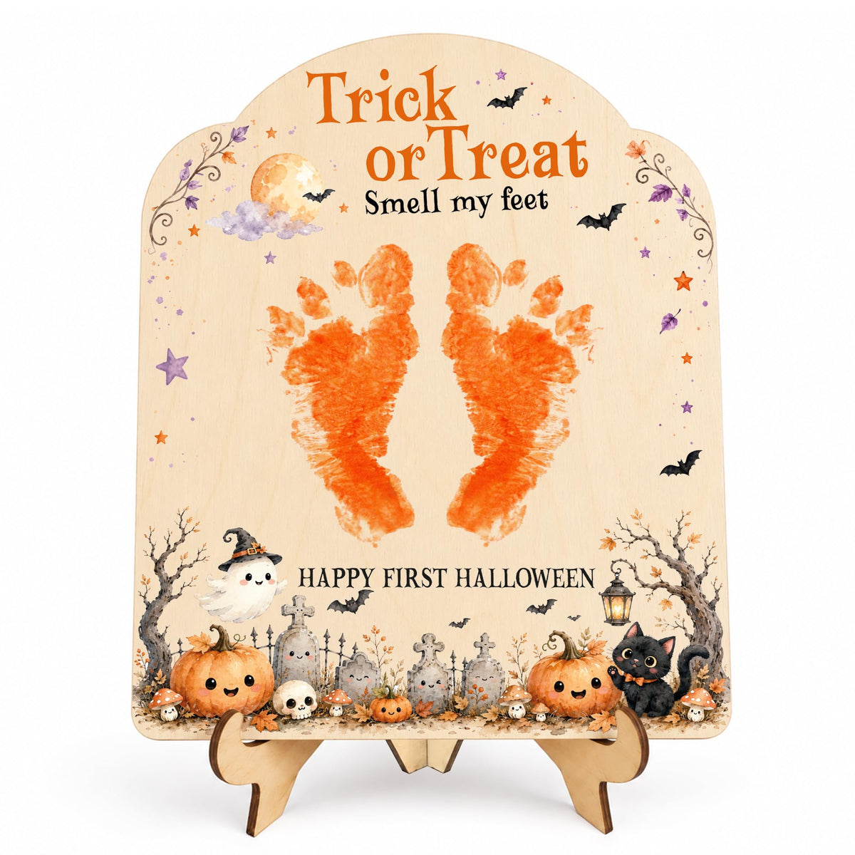 Baby's First Halloween Sign - Trick or Treat Smell My Feet Sign | DIY Footprint Keepsake Wood Craft Kit for Baby Boy & Girl, Babies 1st Halloween Sign, Stand Included, 9.25 x 7.75 in
