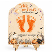 Baby's First Halloween Sign - Trick or Treat Smell My Feet Sign | DIY Footprint Keepsake Wood Craft Kit for Baby Boy & Girl, Babies 1st Halloween Sign, Stand Included, 9.25 x 7.75 in
