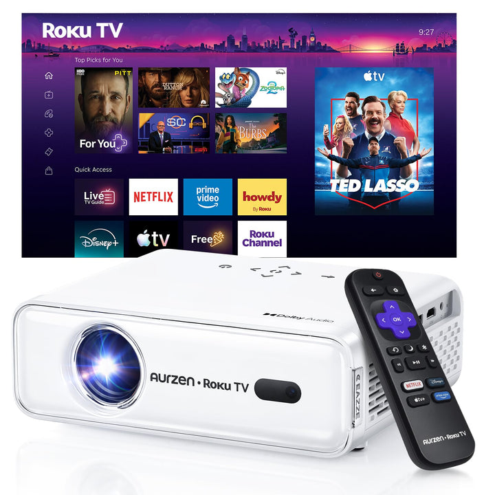 Aurzen Roku TV D1R Smart Portable Outdoor Projector with WiFi and Bluetooth | Roku TV Built-in, All Top Apps, 1080P FHD, DoIby Audio, Auto Focus & Keystone, Zoom, Mini Projector for Home & Outdoor Movies