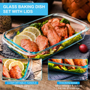 KOMUEE 8 Pieces Glass Baking Dish with Lids, Gray | Rectangular Glass Baking Pan, Bakeware Set with Lids for Lasagna, Leftovers, Cooking, Fridge-to-Oven, Casserole Dish