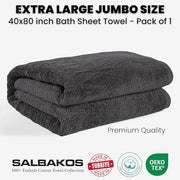 SALBAKOS Luxury 100% Turkish Cotton Bath Sheet 40x80 in (1-Piece, Gray) | Extra Large Jumbo Oversized Bathroom and Beach Towel, Super Soft Highly Absorbent Thick Premium Hotel Quality, Made in Turkey