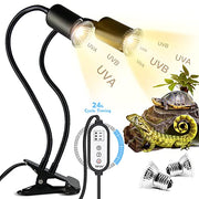 TFNN Reptile Heat Lamp, Double-Head Heat Lamp with Clamp, UVA UVB Reptile Light with Intelligent Cycle Timer for Turtle, Bearded Dragon, Lizard and More, 2 Bulbs 25W+50W