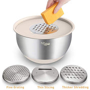Wildone Mixing Bowls with Airtight Lids Set, 5PCS Stainless Steel Nesting Bowls with Grater Attachments & Non-Slip Bottoms, Size 5, 3, 2, 1.5, 0.63 QT, Great for Mixing & Serving, Khaki