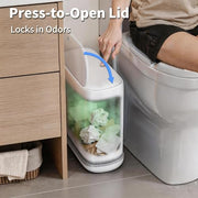 Purexa Small Bathroom Trash Can with Lid, 2.3 Gallon Slim Trash Can, Narrow Garbage Can with Hidden Liner & Auto-Smooth Bag Fit, Press-to-Open Lid, White, for Bathroom, Bedroom, Office, Kitchen