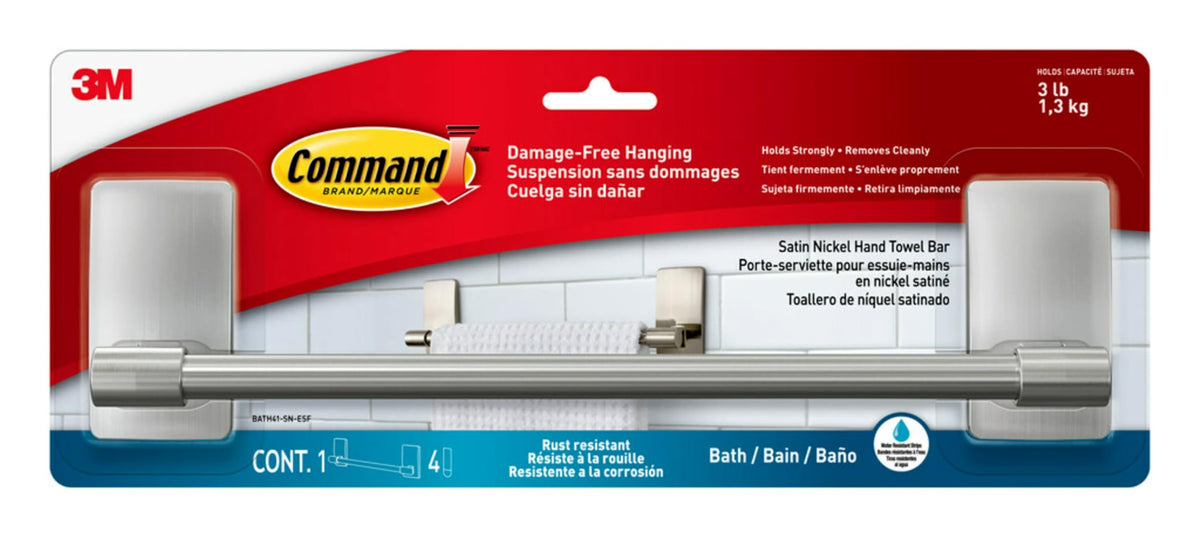 Command Towel Bar, Satin Nickel, 1 Towel Bar, 4 Strips | Towel Bar For Damage Free Bathroom Organization, No Tools, Holds On Glass, Metal, Mirrors, And Tile, No Holes Or Suction Cups