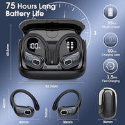 Wireless Earbuds 75H Bluetooth 5.4 Sport Headphones with Earhooks, Black | IPX7 Waterproof In-ear Buds Feature ENC Noise Cancelling Mic & Deep Bass. Stereo Sound Device for Gym Running Workout