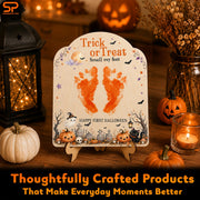 Baby's First Halloween Sign - Trick or Treat Smell My Feet Sign | DIY Footprint Keepsake Wood Craft Kit for Baby Boy & Girl, Babies 1st Halloween Sign, Stand Included, 9.25 x 7.75 in