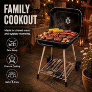 17.5-Inch Charcoal Kettle Grill with Wheels, 302 Sq In Grate | Porcelain-coated steel bowl, lid and grid with adjustable air dampers, rear wheels and bottom shelf for patio or tailgating.