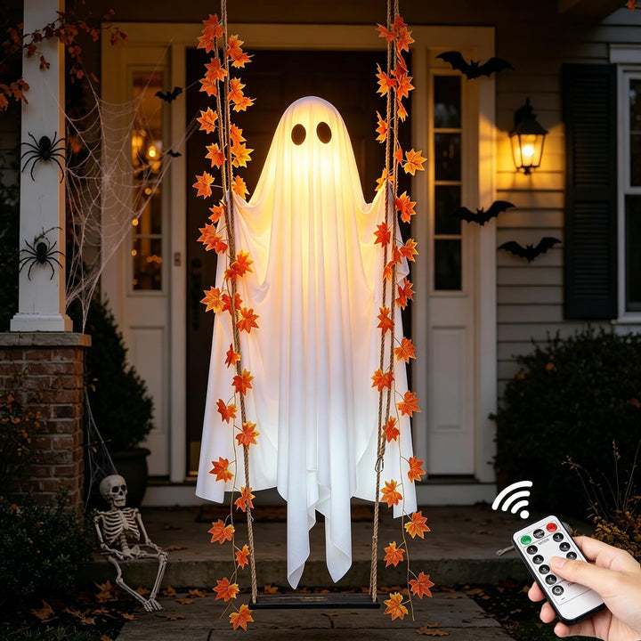 Swinging Ghost Outdoor Decor,4.4FT Halloween Decorations Outdoor Indoor with Ghost on A Swing for Outside Garden Yard Porch Tree,Hanging Large Spooky Cute Ghosts with String Lights for Party