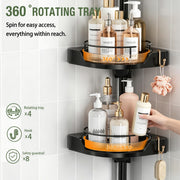 shuang qing 360° Rotating Corner Shower Caddy Tension Pole Organizer, Black | 4-Tier rotating shelves with hooks, adjustable tray height, upgraded rustproof metal pole, removable trays for shower storage