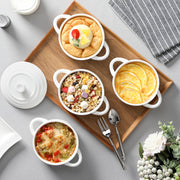 MALACASA Mini Cocotte Set of 4, 14 OZ Ceramic Casserole Dishes with Lids | Single Serving Small Dutch Oven Set, Lasagna, Soufflé, French Onion Soup, Pudding, Oven, Dishwasher Safe with Handles, White