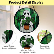 TNUW Halloween Ghost Plant Stained Glass Window Hanging, Ghost Halloween Sun Catchers Indoor Window Glass Round Wall Art Decor, Gifts for Plant Lovers Wall Hanging Decorations, 7.9＂x7.9＂