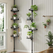 shuang qing 360° Rotating Corner Shower Caddy Tension Pole Organizer, Black | 4-Tier rotating shelves with hooks, adjustable tray height, upgraded rustproof metal pole, removable trays for shower storage