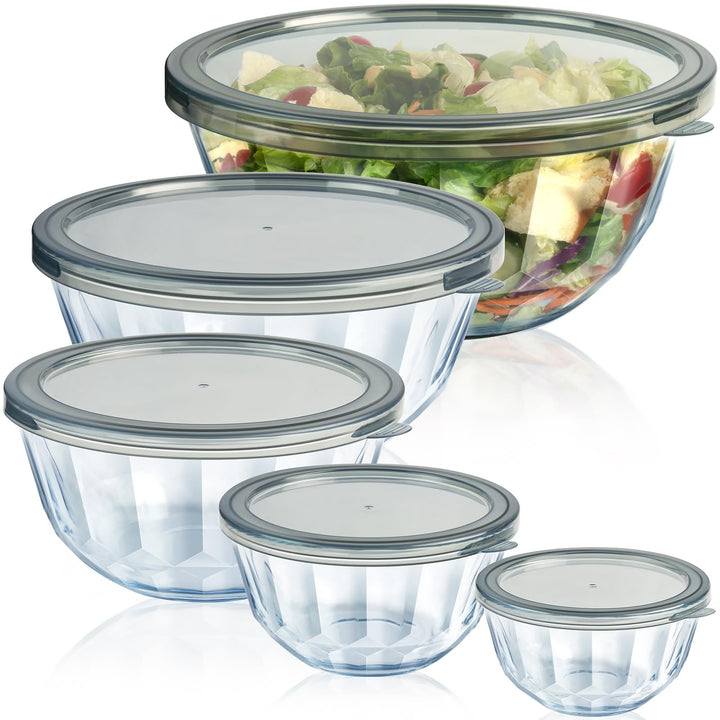 Glass Mixing Bowls with Airtight Lids, 5 PCS Thick Glass Nesting Bowls | Serving bowl For Kitchen Baking, Meal Prepping and Salad, Bpa Free Dishwasher Microwave and Oven Safe, 0.5/0.8/1.6/2.7/4.4 Q