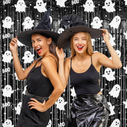 2 Pack Halloween Fringe Curtains, Ghost Foil Tinsel Backdrop | Metallic Foil, 3.28 x 6.56 FT Halloween Tinsel Backdrop Photo Booth Props Streamer for Halloween Decorations