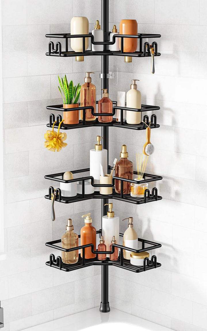 HAMITOR Corner Shower Caddy Tension Pole: 4-Tier Adjustable Shelf Black | Heavy Duty Rustproof L-Shaped Shelves- No Drilling Space-Saving Storage Rack for Family & Renters- 47.72-123.6 inch