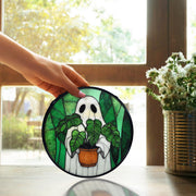 TNUW Halloween Ghost Plant Stained Glass Window Hanging, Ghost Halloween Sun Catchers Indoor Window Glass Round Wall Art Decor, Gifts for Plant Lovers Wall Hanging Decorations, 7.9＂x7.9＂