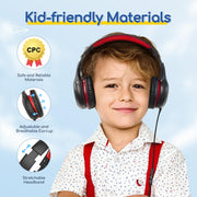 EarFun K1 Kids Headphones Wired with Mic, Volume Limit Headphones for Kids | Portable Wired Headphone with Shareport, Stereo Sound, Foldable Headset for School/Toddler/Tablet/iPad/Kindle, Black Red
