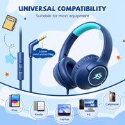 Kids Headphones Wired for School, 3.5mm Safe Volume Limited with Mic, Navy | Plug in Kid headphones with Cord, Over Ear Foldable, 85/94dB for Toddler Boy Girl Classroom Chromebook Tablet Airplane Travel