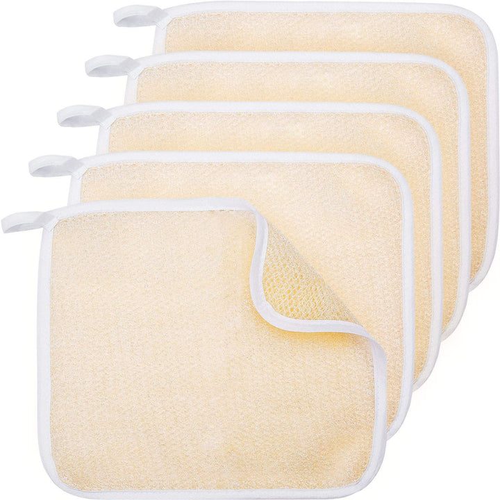 Tatuo 5 Pcs Exfoliating Face and Body Wash Cloths Towel, Beige | Weave Loofah Towel for Body Face, Dual-sided Exfoliating Scrub Massage Cloth, Shower Texture, 10.23x8.66 Inch
