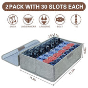 PINGMIC 2-Pack Sock & Tie Organizer with Lid, 30-Cell Foldable Storage Box | Keeps socks, ties, belts, small accessories neatly organized with a foldable, dustproof design and easy-access compartments