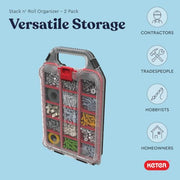 Keter Stack N' Roll 2 Pack Half Organizer Storage Box | Adjustable Dividers, Transparent Lid, IP54 Water Resistant Parts Organizer, Modular Tool Storage System