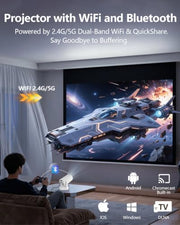 Mini Projector with WiFi 6 and Bluetooth 5.4, Portable Projector 4K Support, 180 ANSI, 5W Soundbase Speaker, Auto Vertical Keystone 210°Rotatable Smart Proyector for Movie Home Outdoor