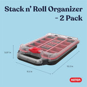 Keter Stack N' Roll 2 Pack Half Organizer Storage Box | Adjustable Dividers, Transparent Lid, IP54 Water Resistant Parts Organizer, Modular Tool Storage System