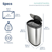 Ninestars 13 Gallon Oval Automatic Trash Can, 50L Touchless Motion Sensor Garbage Can with Odor-Sealing Lid & One-Touch Manual Mode, Silver Stainless Steel, Black Trim